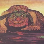 Teckning av sagomonster som krälar på alla fyra.
