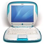 iBook, öppnad, blå och vit.