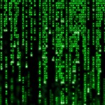 Kodflödet från filmen The Matrix. Gröna tecken mot svart botten, vertikalt ordnade.