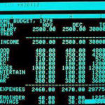 Skärmdump från Visicalc. Blå tecken mot svart bakgrund. Liknar en utskrift från en räknemaskin.